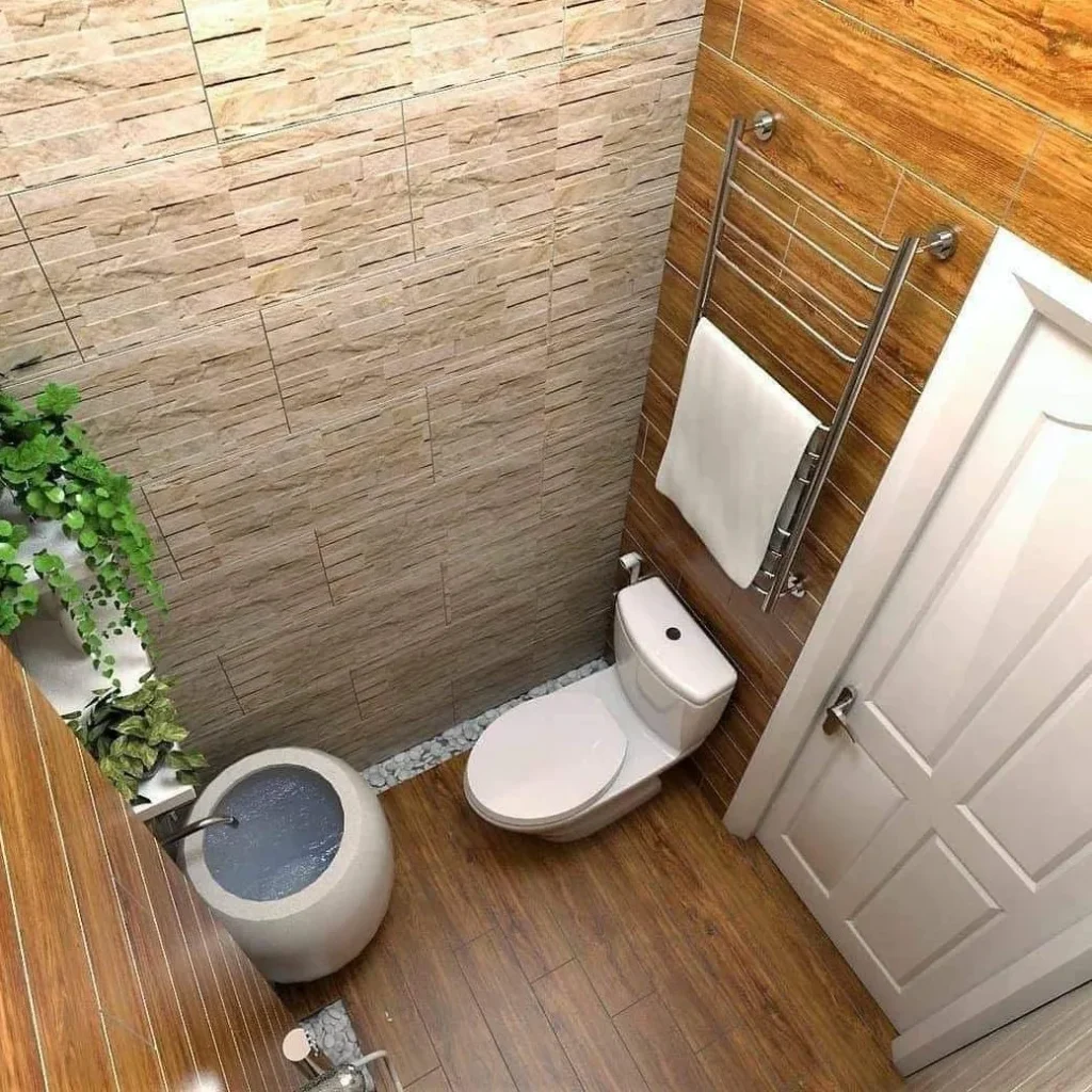 Kamar Mandi Desain Motif Kayu yang Hangat