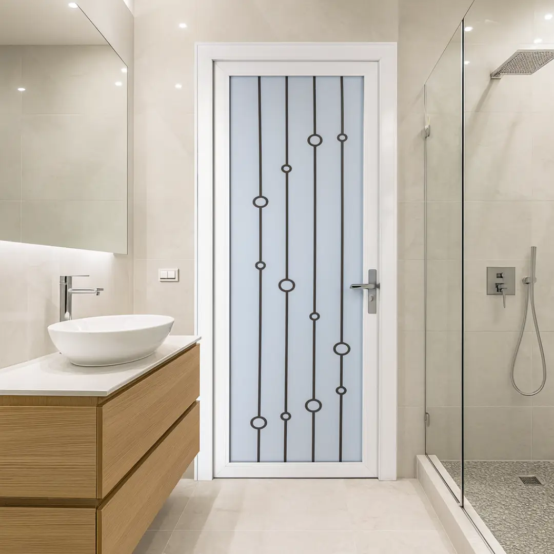 interior kamar mandi dengan pintu mewah dari fortress aluminos