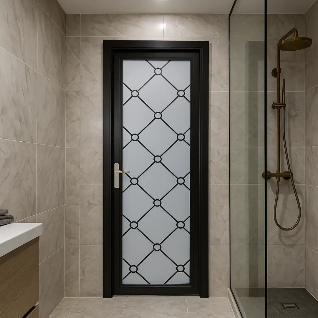 interior kamar mandi dengan pintu modern aluminium berwarna hitam