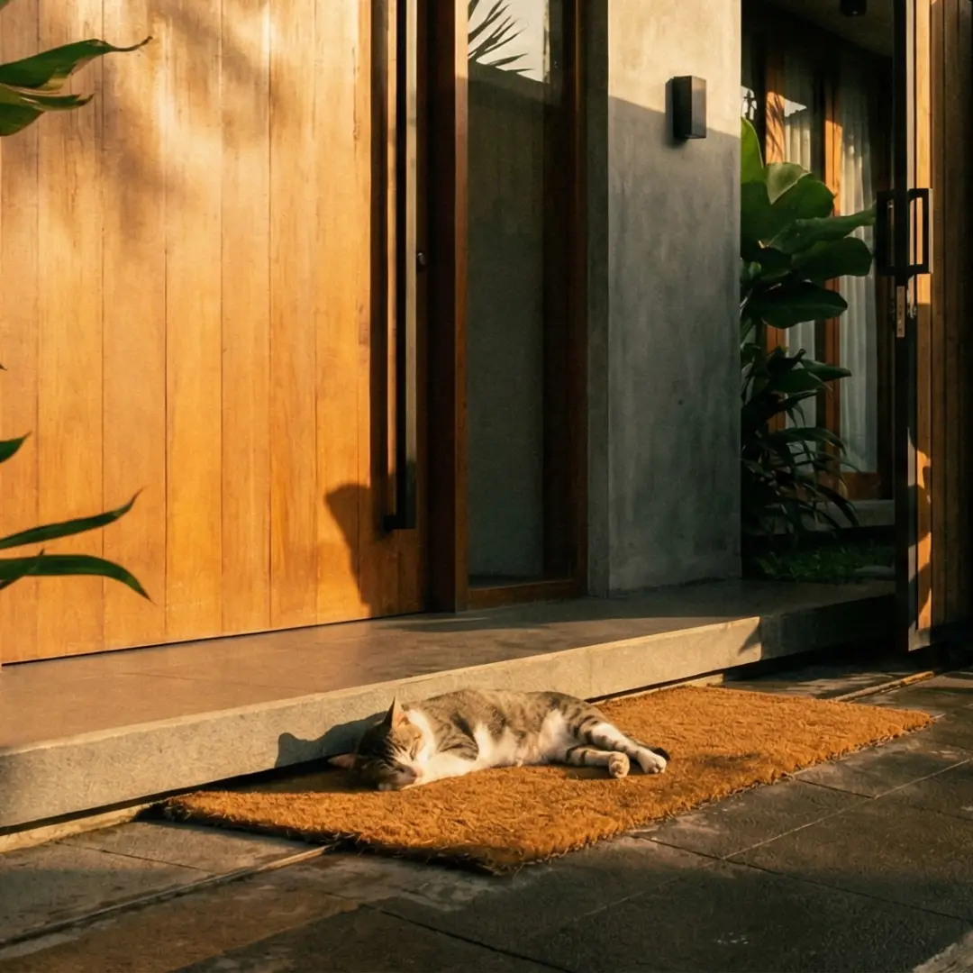 kucing tidur di depan pintu rumah