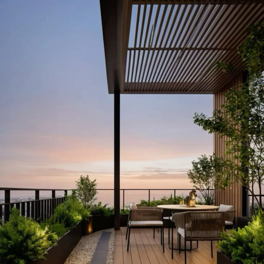 Rooftop Keren dengan Pergola Kayu dan Lantai Motif Batu