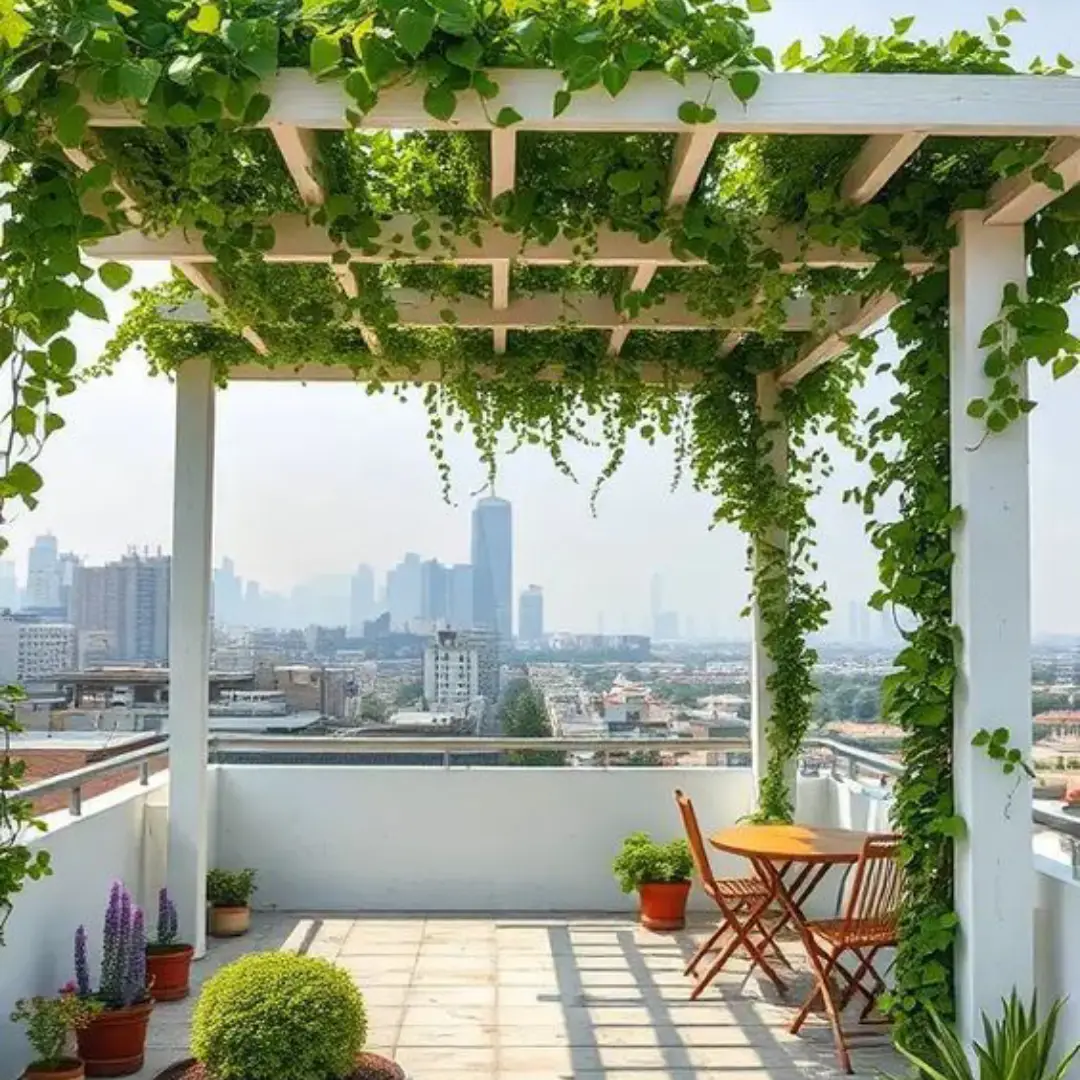 Rooftop Nuansa Putih dengan Tanaman Hias Merambat