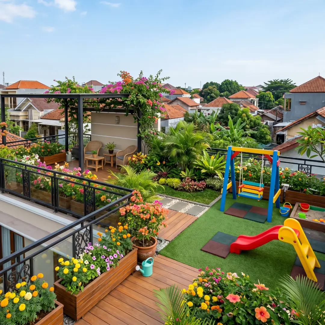 Taman Bunga dan Wahana Bermain di Rooftop Rumah