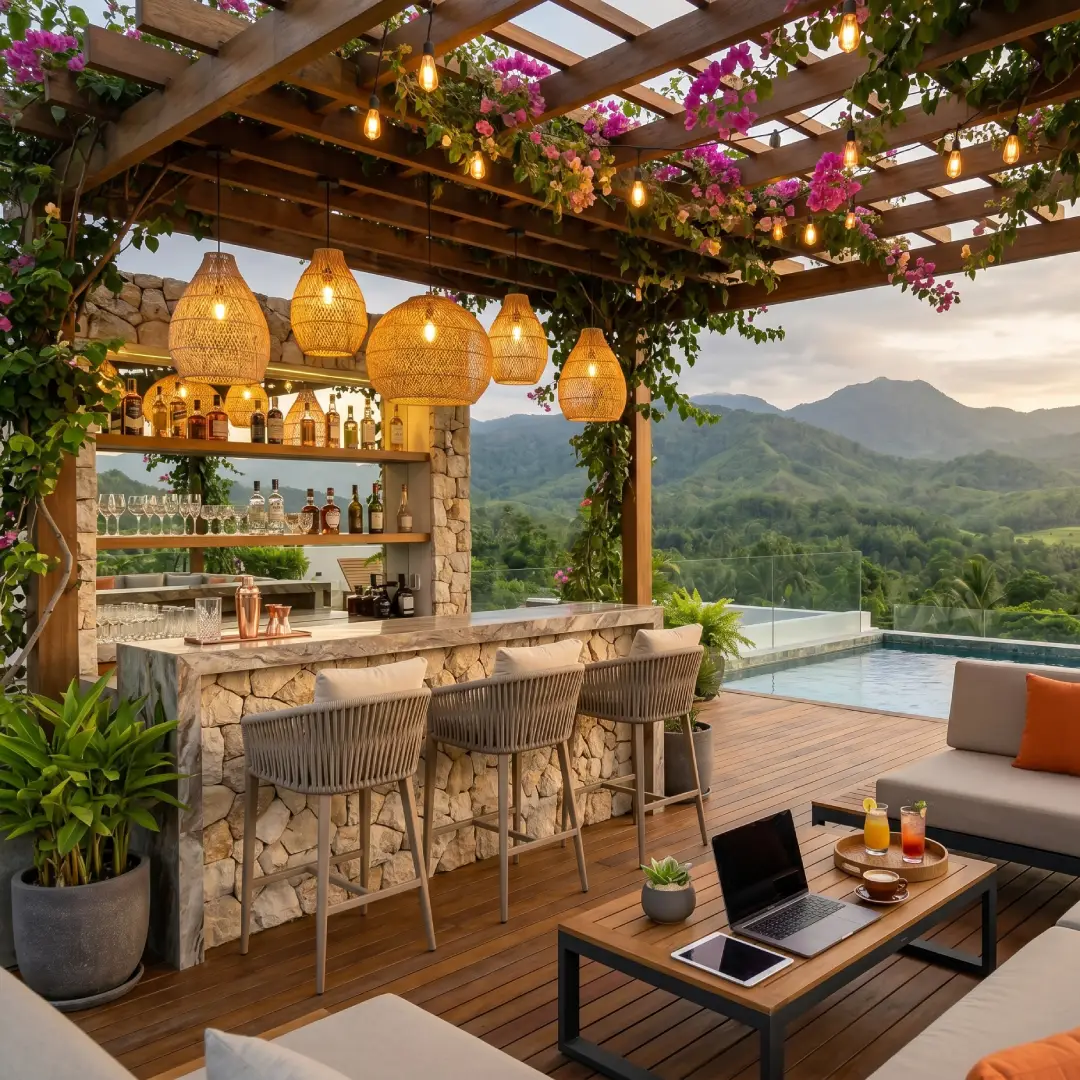 Desain Rooftop Ala Cafe dengan Mini Bar