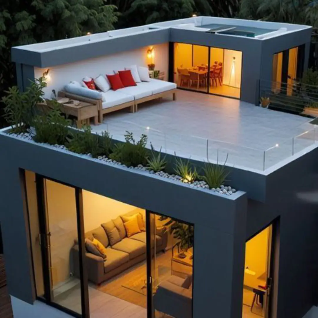 Model Rooftop Rumah 1 Lantai dengan Sofa Kecil Estetik