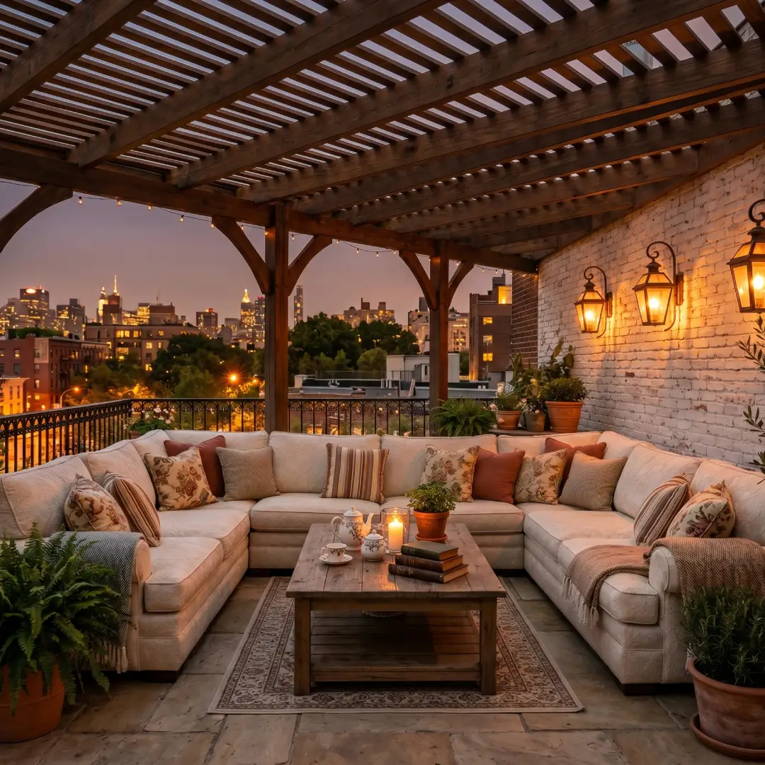 Rooftop Klasik dengan Sofa Leter U dan Lampu Dinding