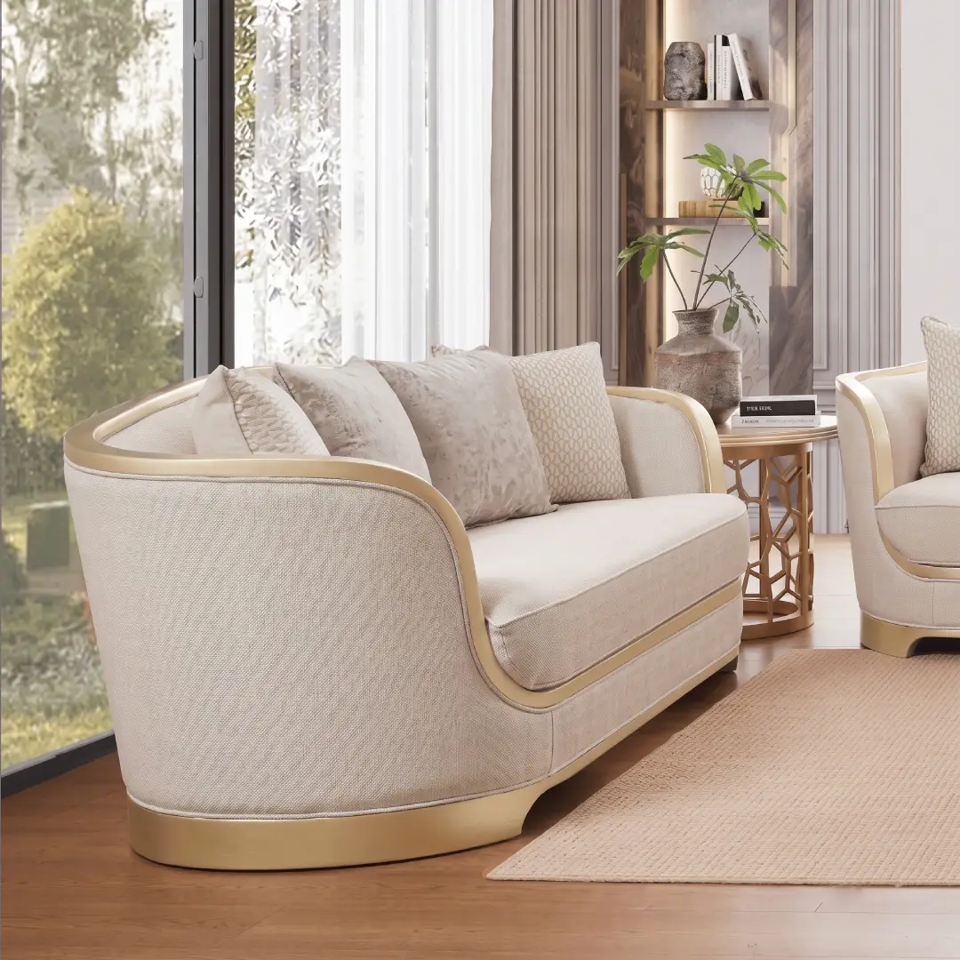 Model Sofa Cream dengan List Emas Mewah