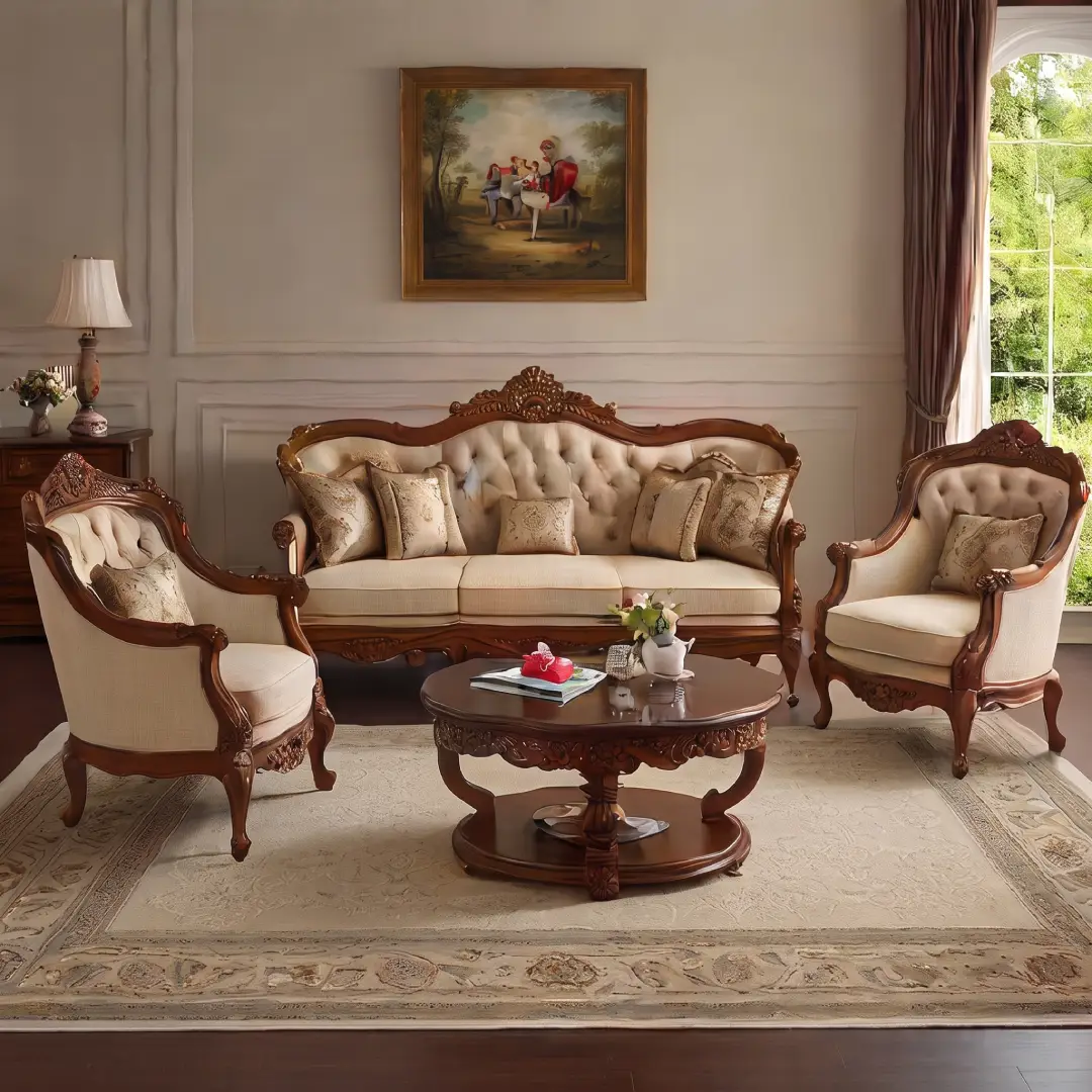 Sofa Klasik Mewah Warna Cream dengan List Kayu