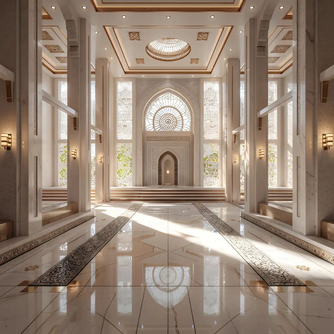 Interior Masjid Cream dengan Lantai Marmer dan Banyak Kaca Keliling