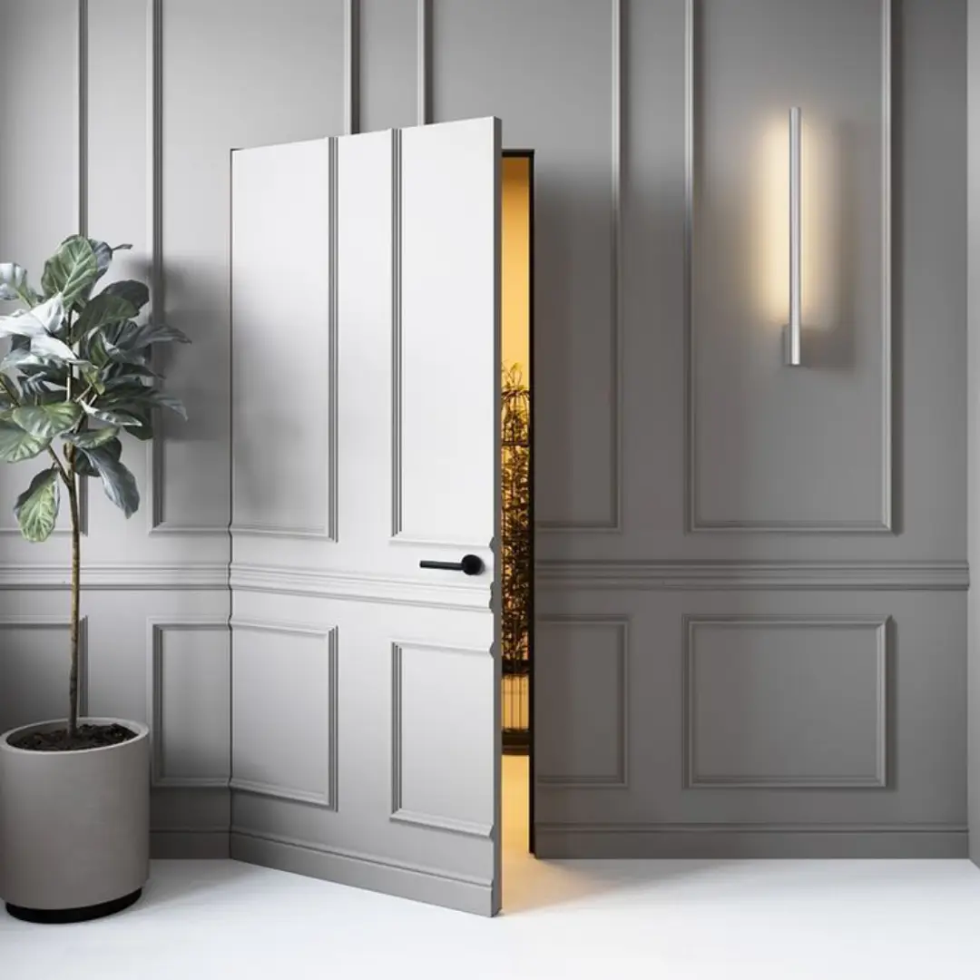 Model Pintu Kamuflase pada Dinding Moulding Abu-abu