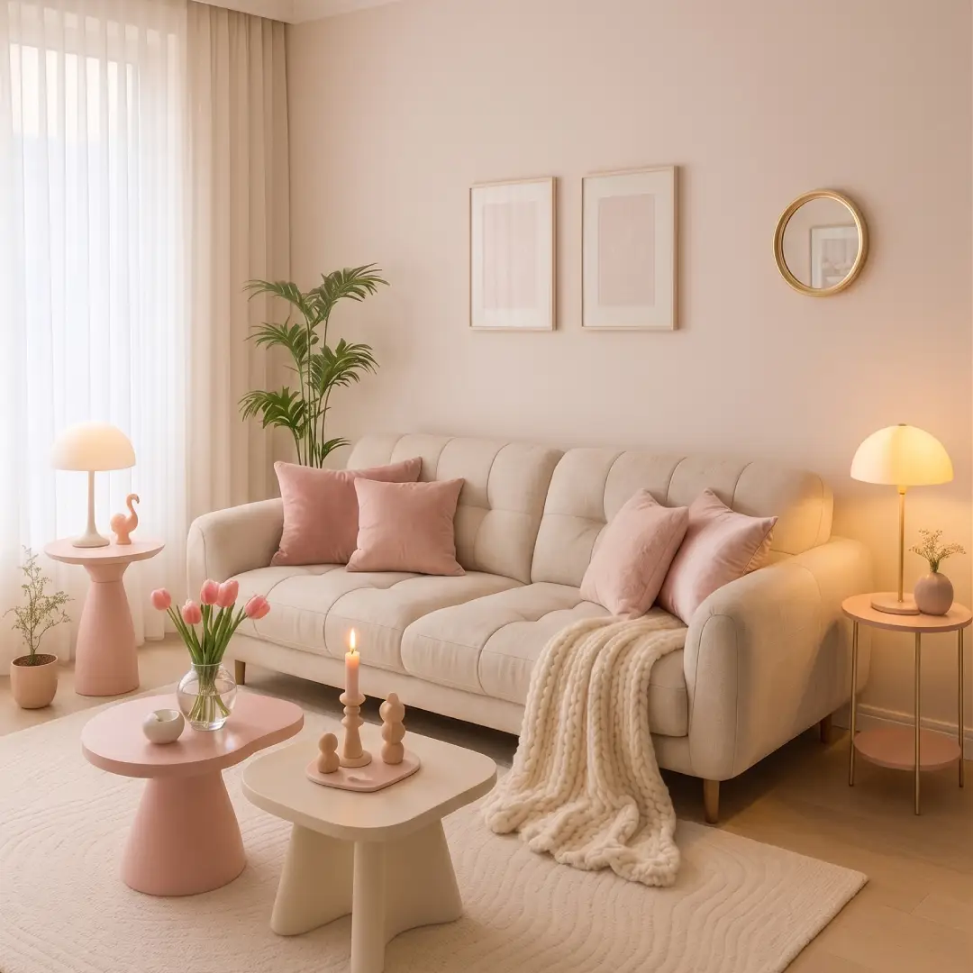Model Ruangan Cream Pink dengan Dekorasi Meja Lucu