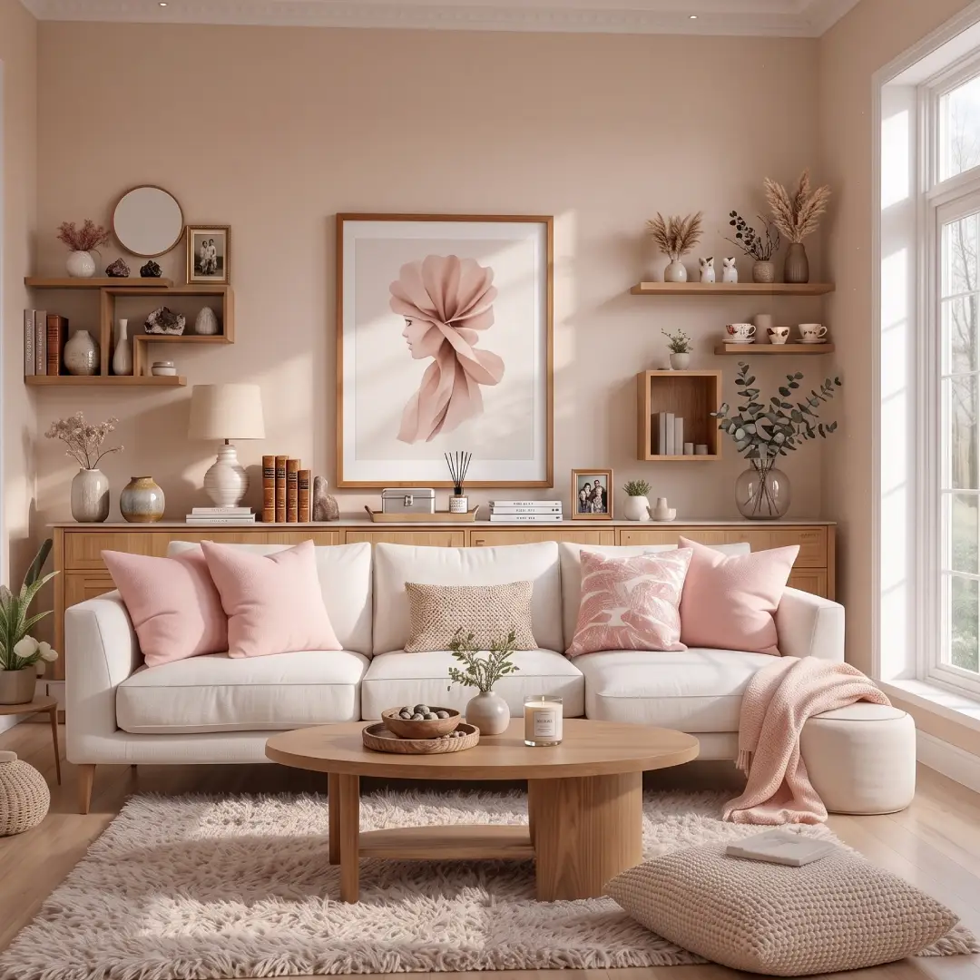 Perpaduan Cream Pink dan Putih dengan Banyak Hiasan Dinding