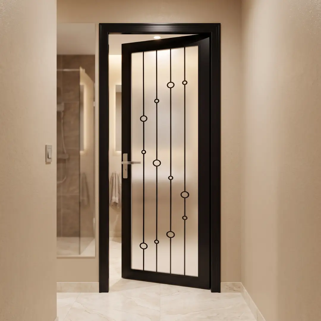 interior kamar mandi warna cream dengan pintu aluminium panel kaca mekr fortress aluminos