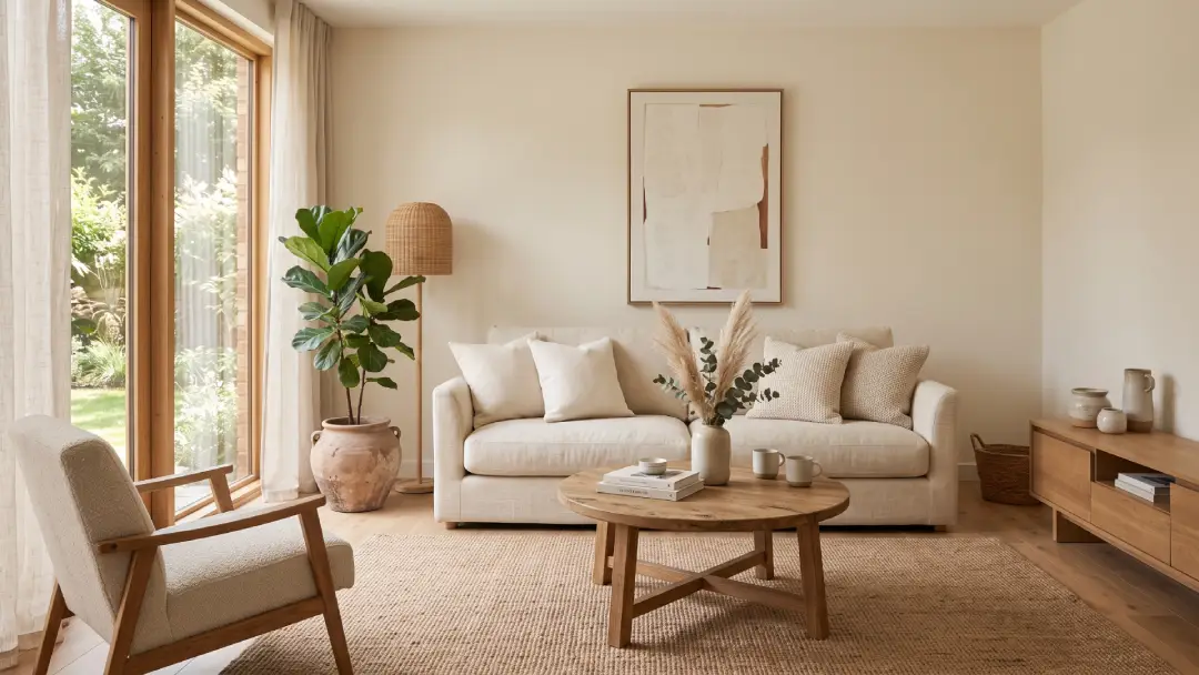 interior ruang tamu warna cream polos