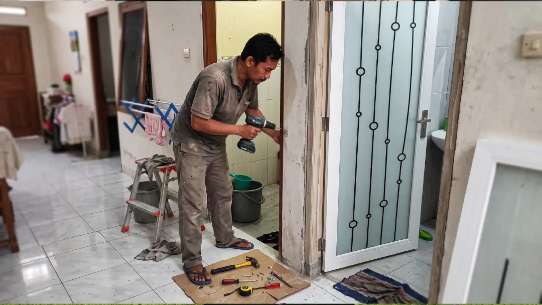 cara pasang pintu kamar mandi fortress aluminos