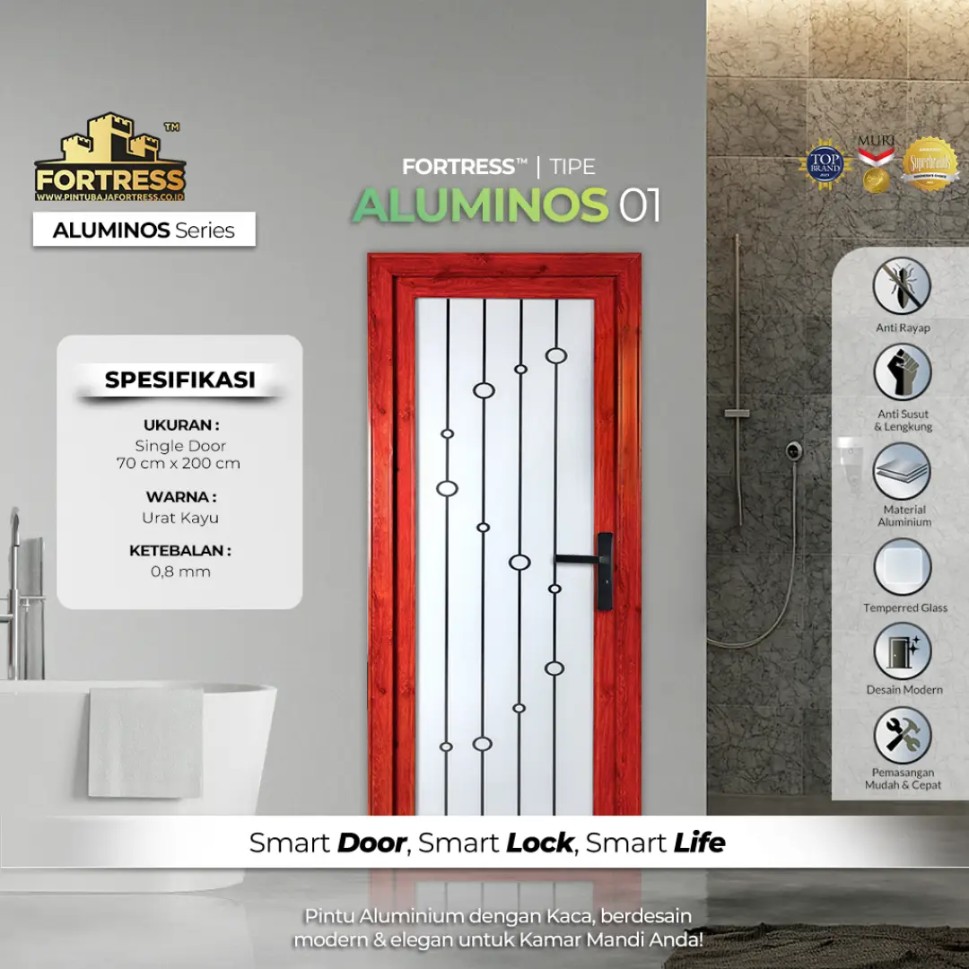 pintu kamar mandi aluminium merk fortress aluminos tipe 1 warna coklat motif kayu