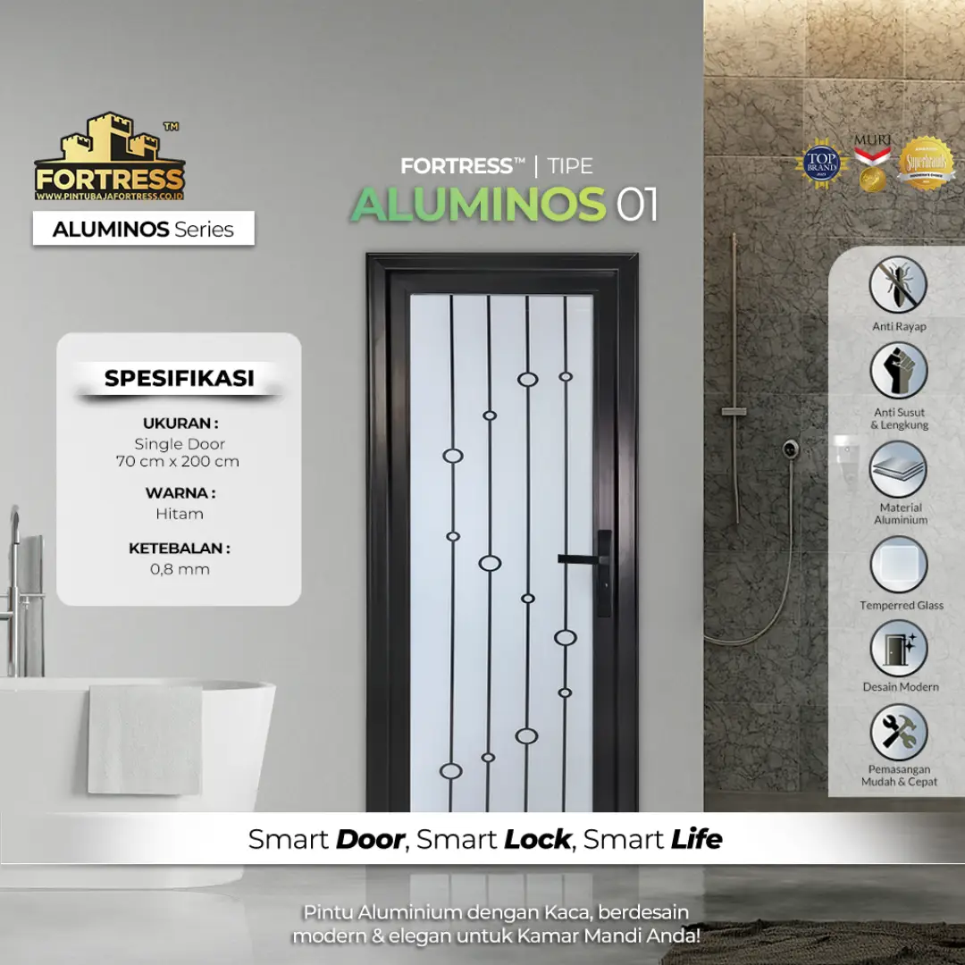 pintu kamar mandi aluminium merk fortress aluminos tipe 1 warna hitam