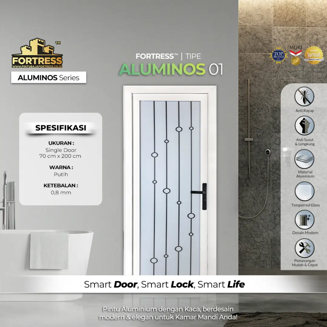 pintu kamar mandi aluminium merk fortress aluminos tipe 1 warna putih