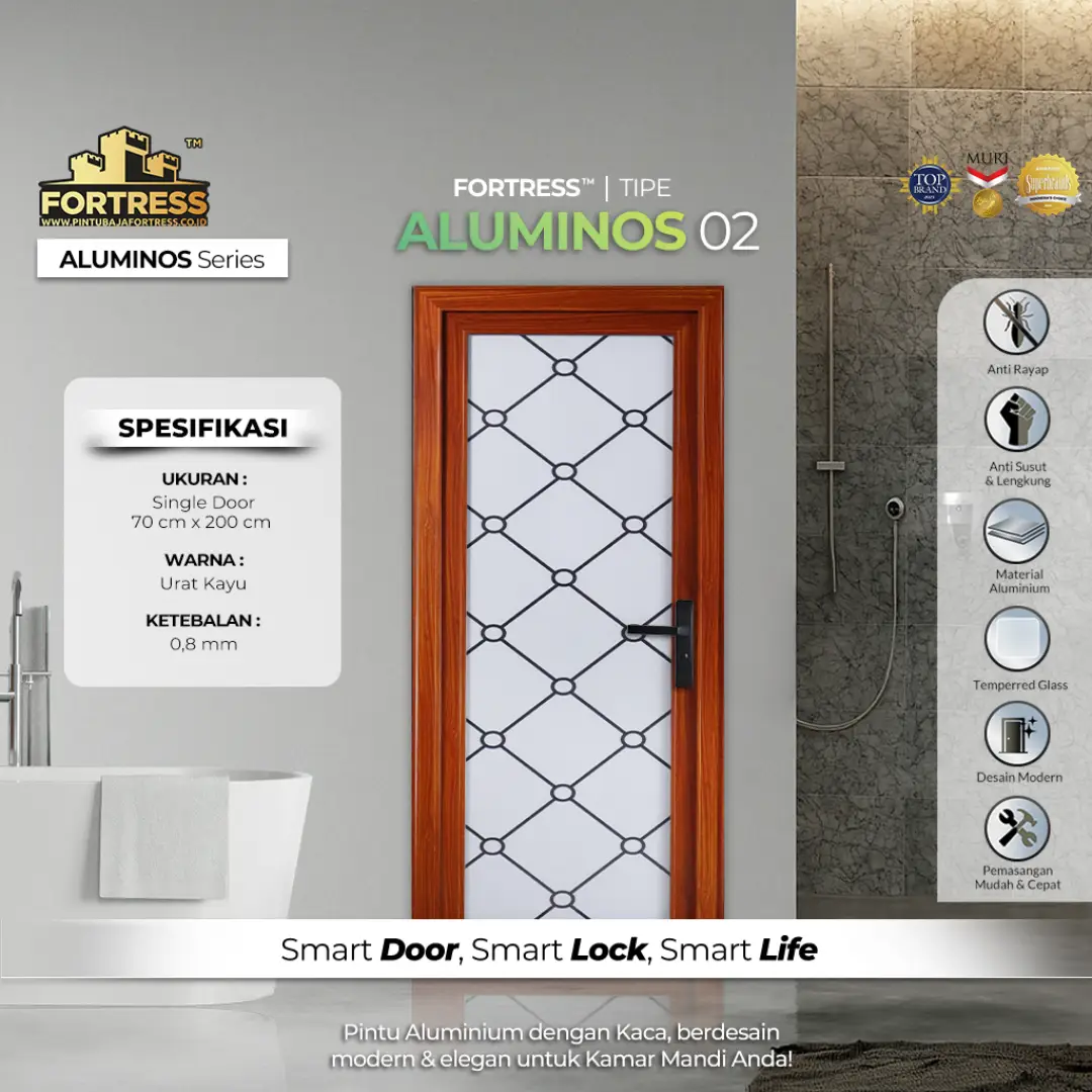 pintu kamar mandi aluminium merk fortress aluminos tipe 2 warna coklat motif kayu