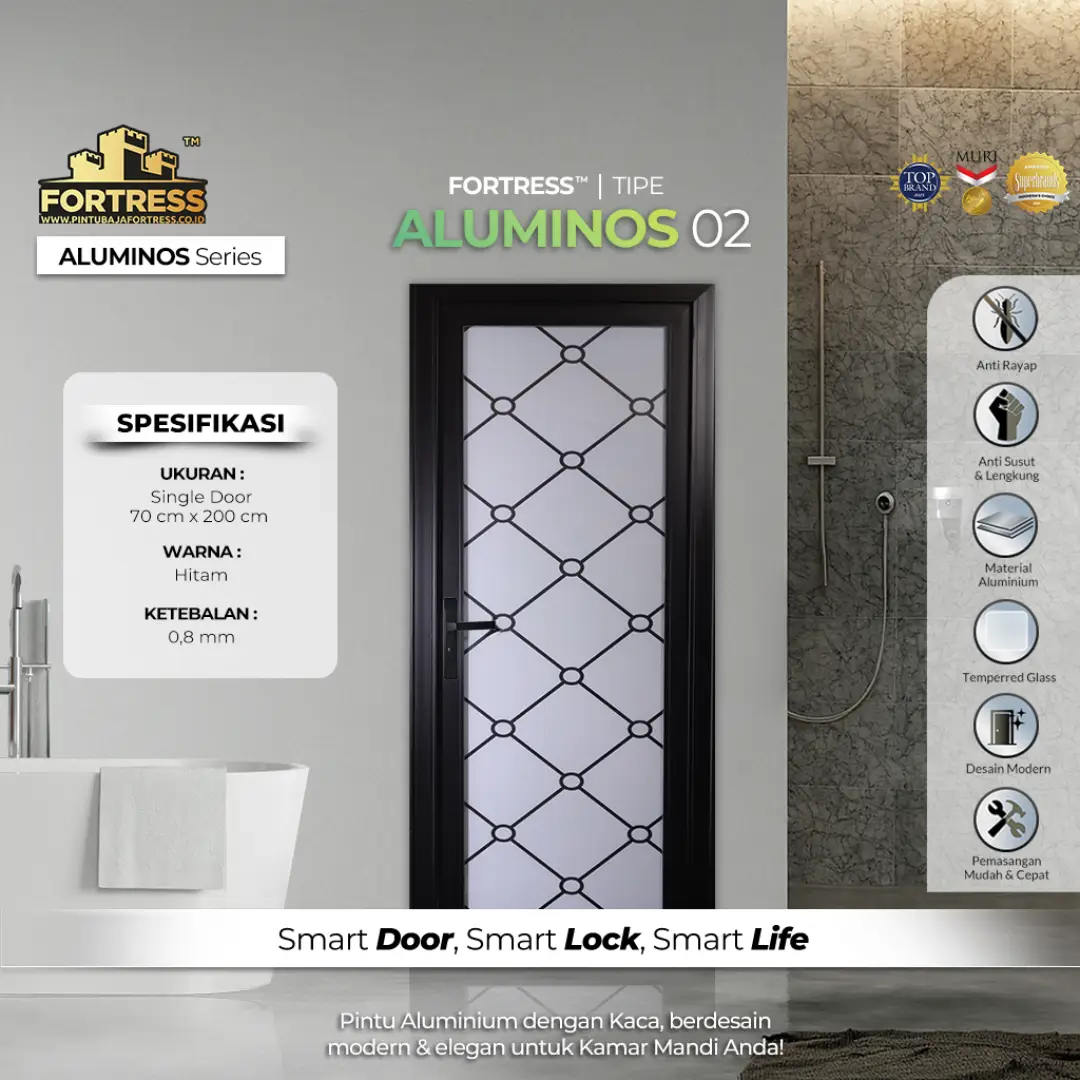 pintu kamar mandi aluminium merk fortress aluminos tipe 2 warna hitam