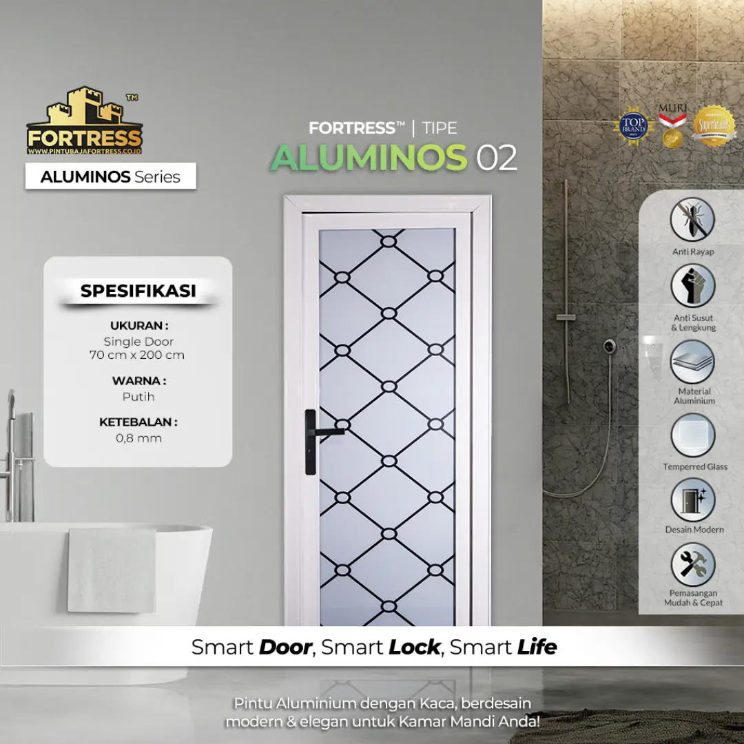 pintu kamar mandi aluminium merk fortress aluminos tipe 2 warna putih