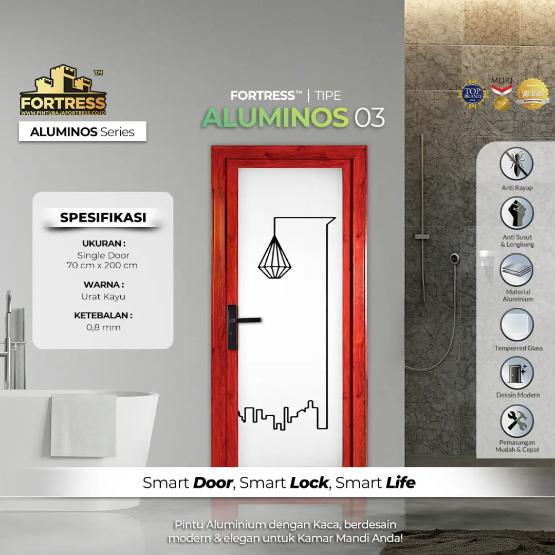 pintu kamar mandi aluminium merk fortress aluminos tipe 3 warna coklat motif kayu