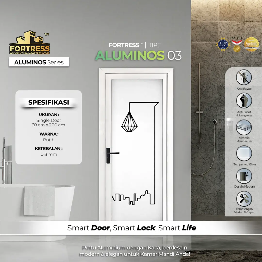 pintu kamar mandi aluminium merk fortress aluminos tipe 3 warna putih